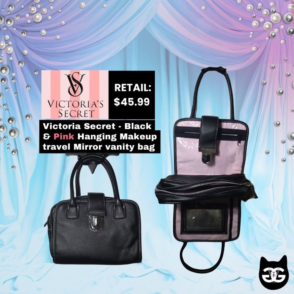 Victoria's Secret Black Pink Pebbled Leather Hanging Travel Makeup Vanity Bag
